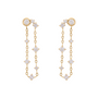 A pair of gold dangle earrings with clear gemstones, displayed against a solid white background.