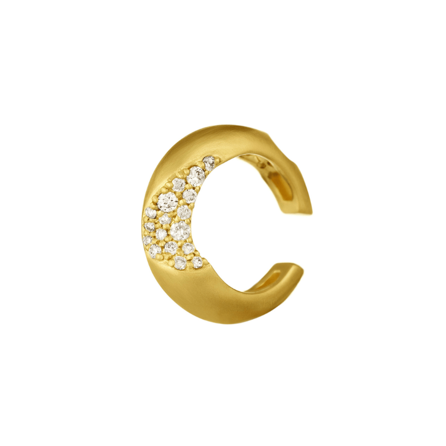 A gold ear cuff with pavé-set clear stones along the outer curve, shown on a plain white background.