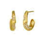 A pair of gold huggie hoop earrings with pavé-set diamonds, shown from both front and side angles on a plain white background.