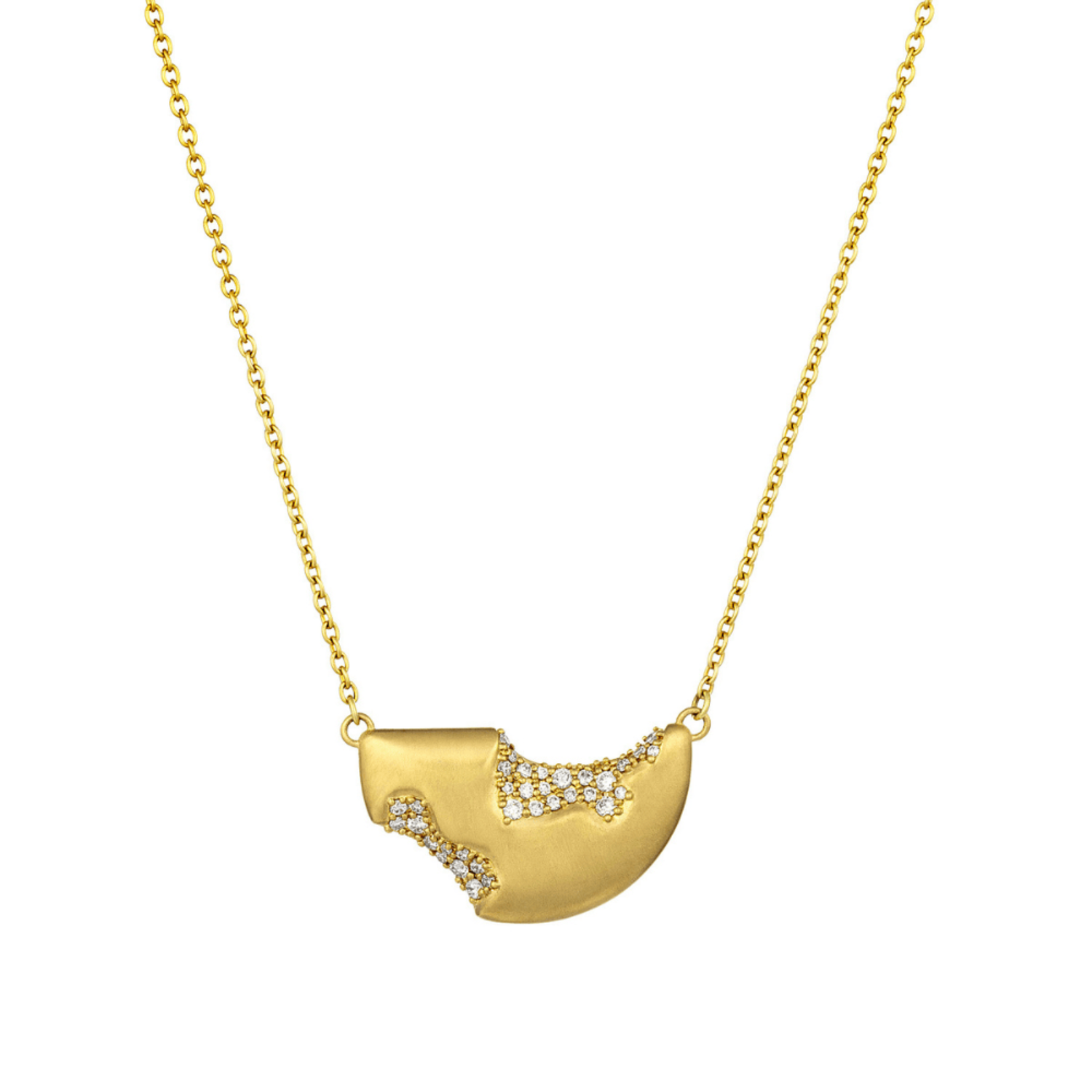 A gold necklace featuring a polished finish and a row of small clear pavé stones along the left curve, shown against a plain white background.