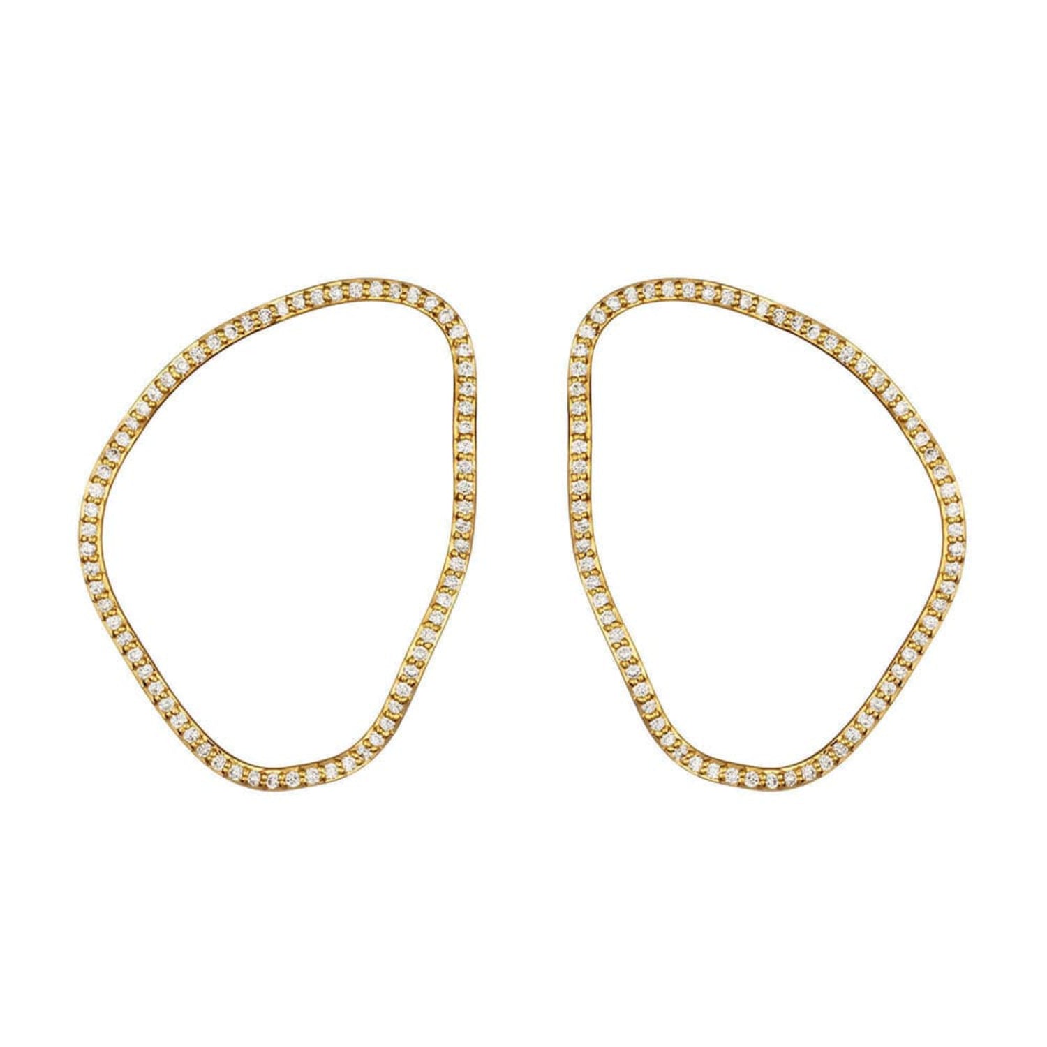 Gold hoop earrings with embedded diamonds on a white background