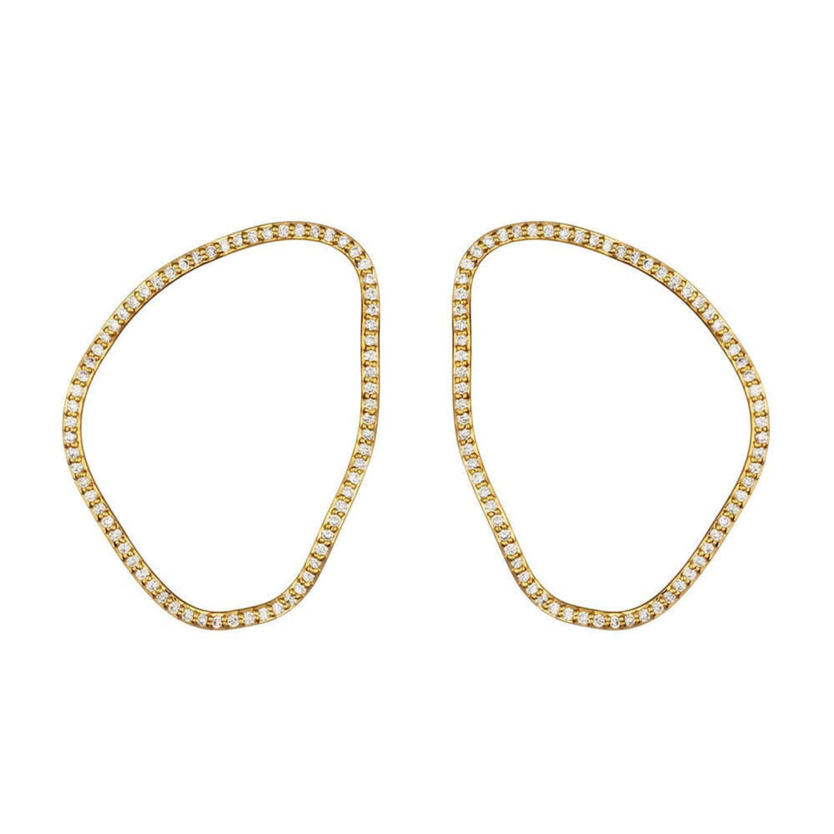 Gold hoop earrings with embedded diamonds on a white background