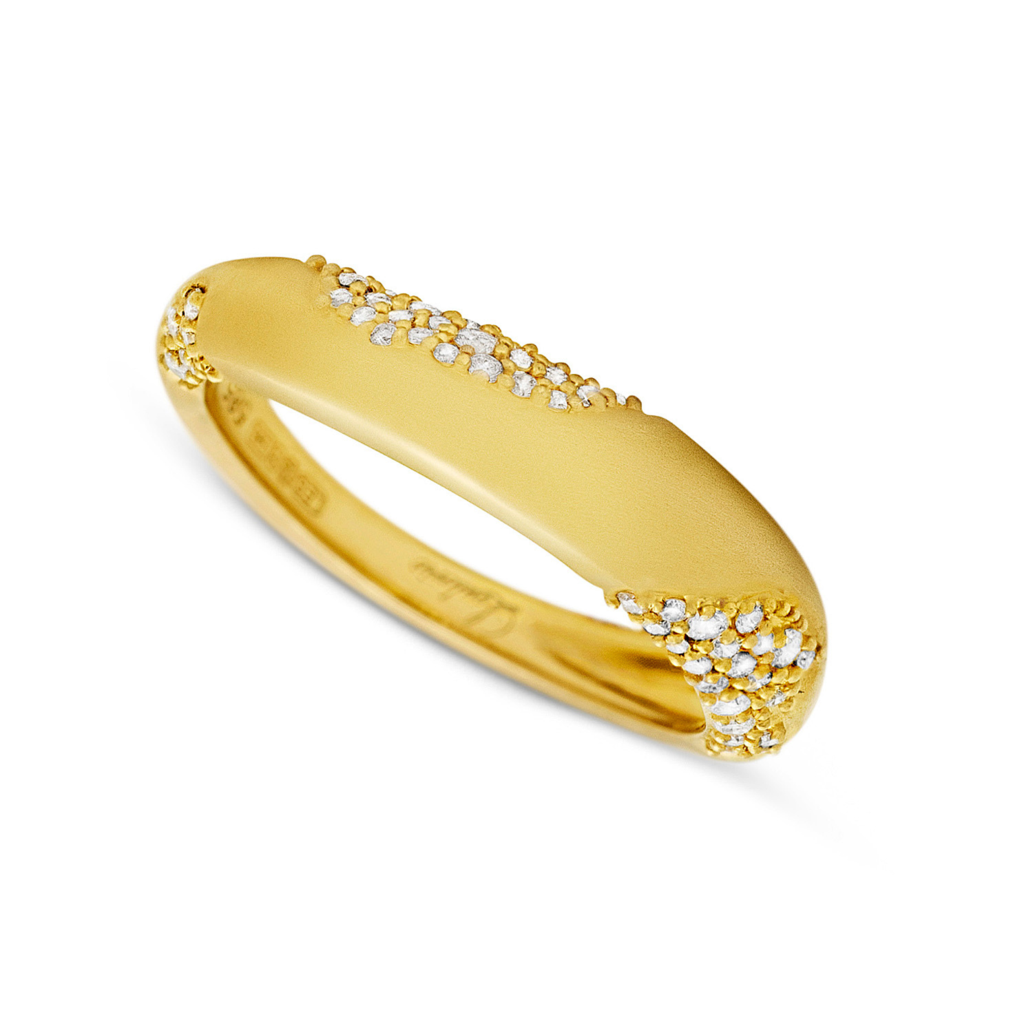 A yellow gold band ring featuring rows of small clear pavé diamonds along the top curve, shown on a clean white background.