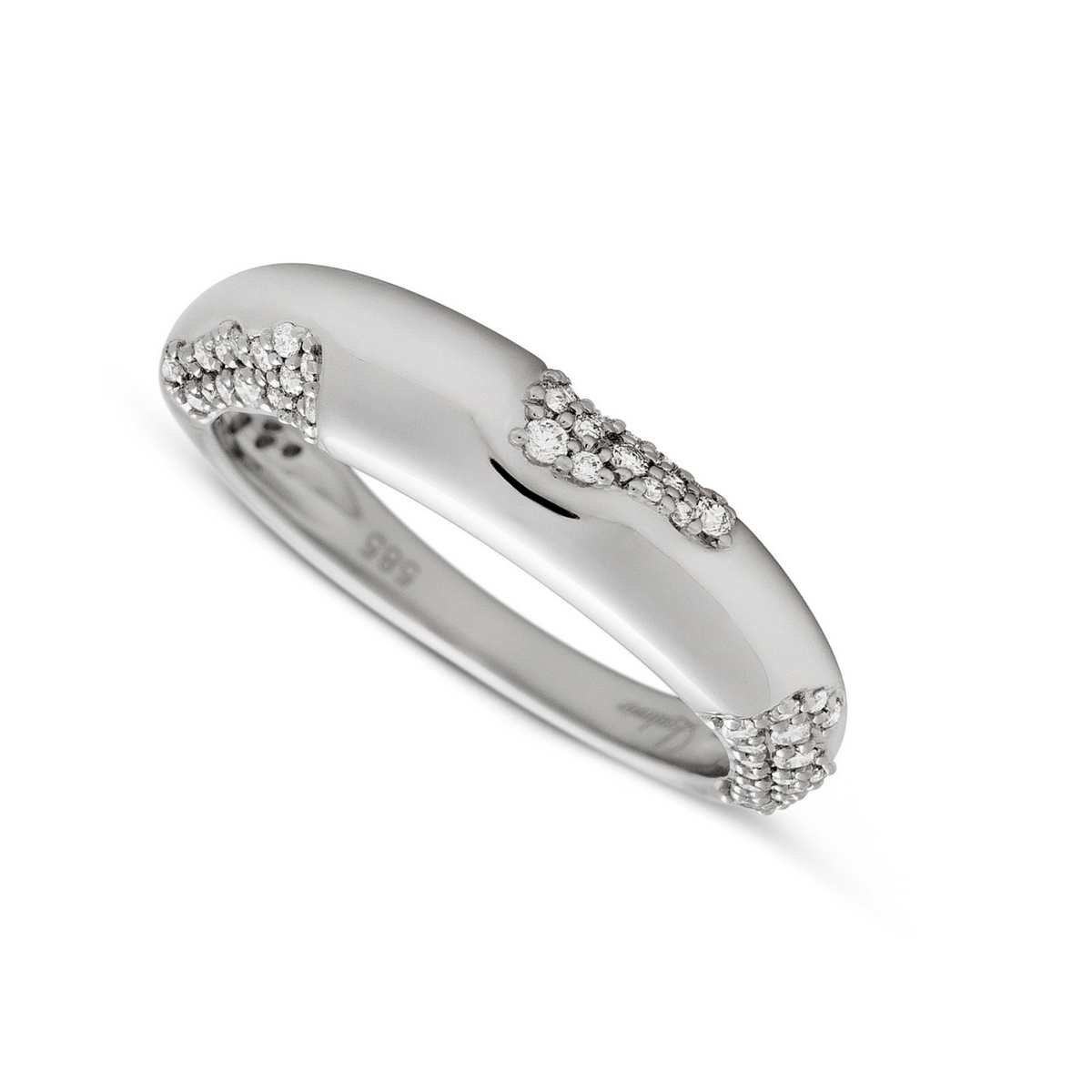 A polished silver-toned band ring with four small pavé diamond clusters spaced along the top curve, shown on a clean white background.