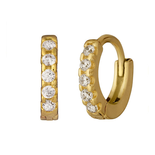 Gold hoop earrings with crystals on a white background