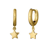 Gold hoop earrings with star charms on a white background