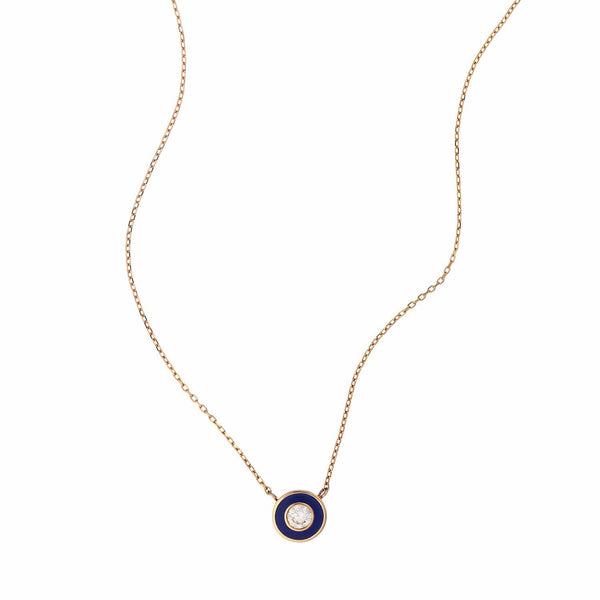 Solid gold navy enamel necklace with a white diamond