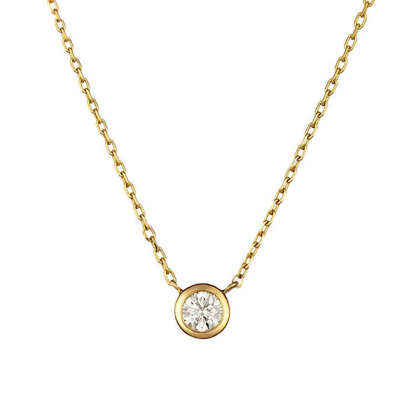 Gold necklace with a round diamond pendant on a white background