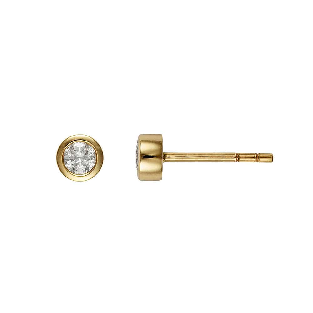 Gold earring with a bezel gemstone on a white background