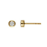 Gold earring with a bezel gemstone on a white background