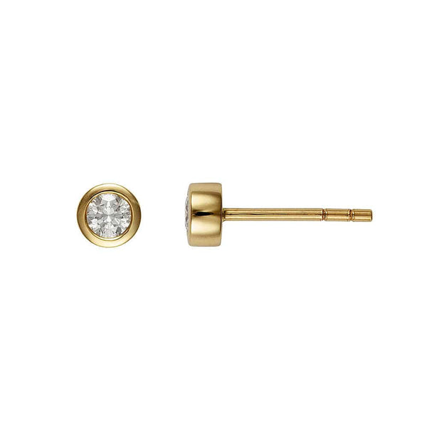 Gold earring with a bezel gemstone on a white background