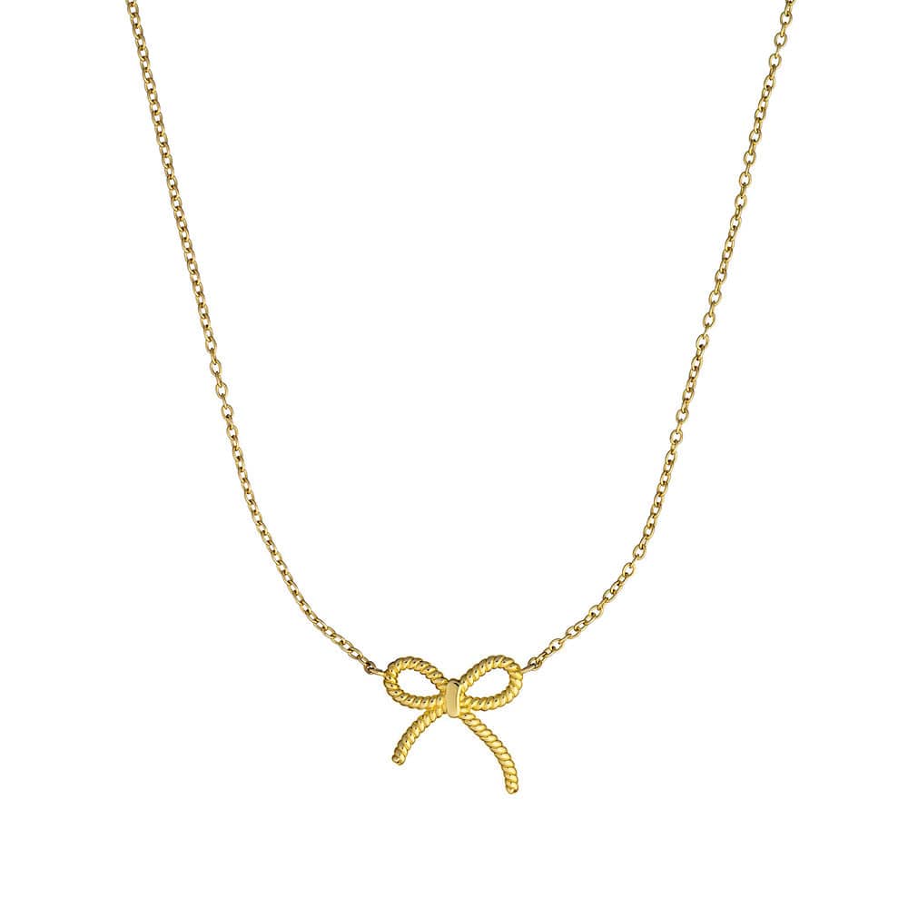 Gold bow-shaped pendant on a chain against a white background