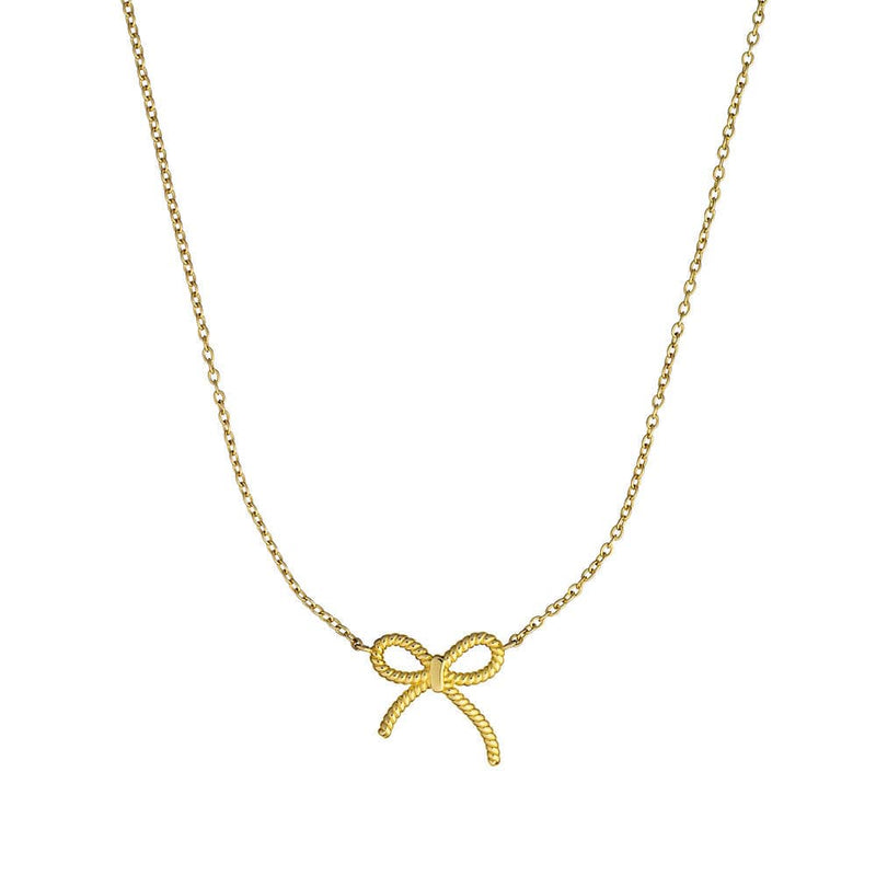 Gold bow-shaped pendant on a chain against a white background