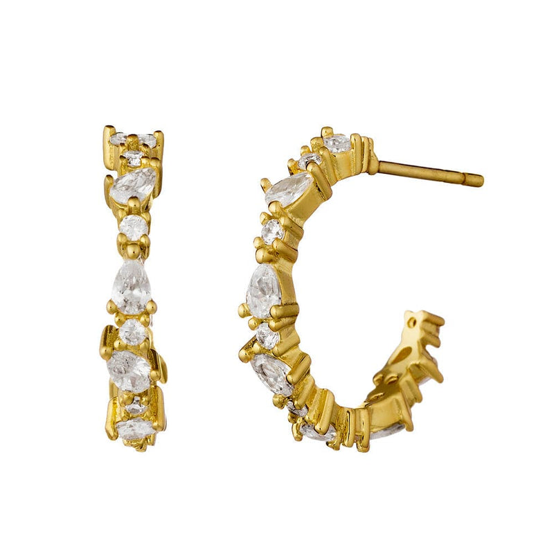 Gold hoop earrings with crystals on a white background