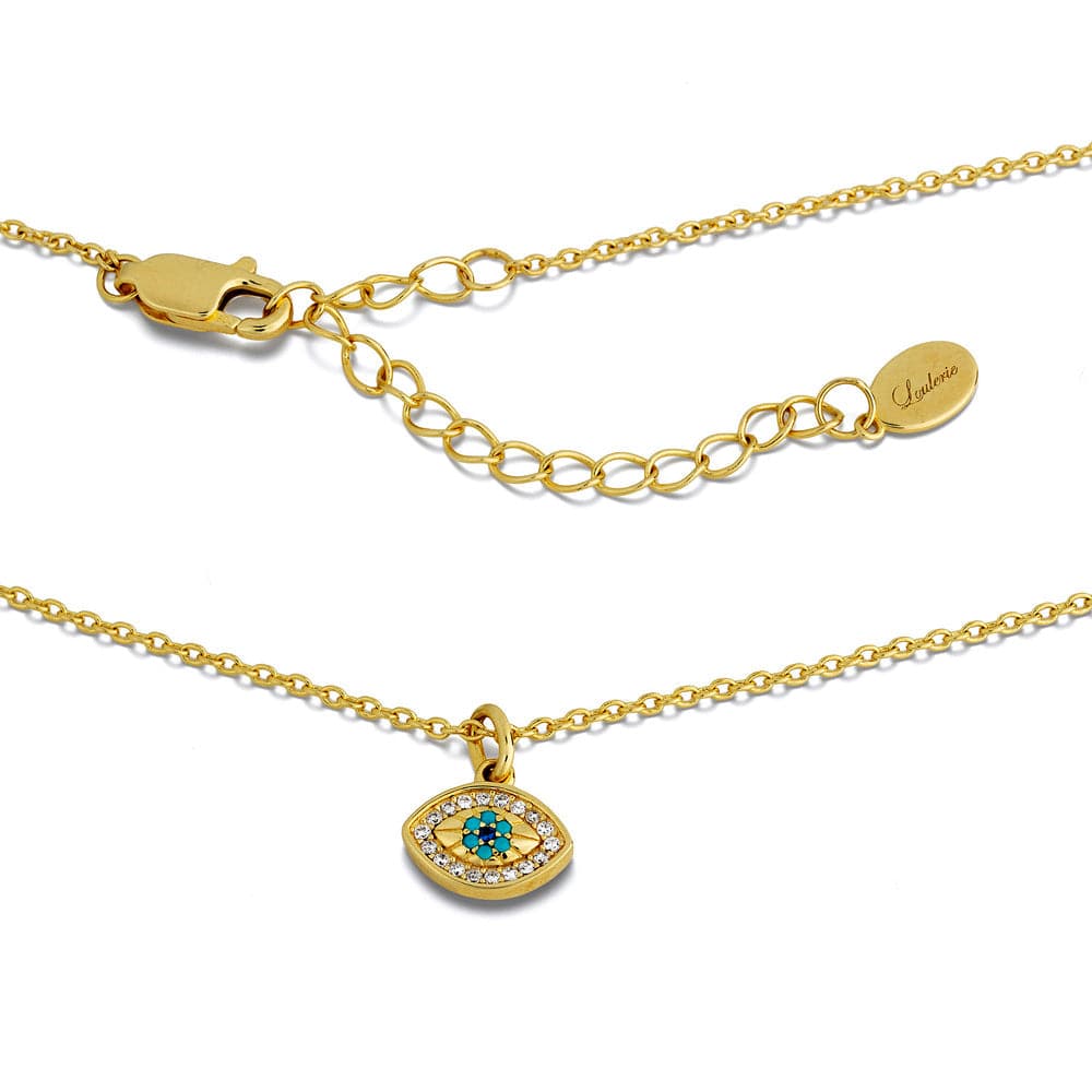 Gold necklace with an evil eye pendant on a white background