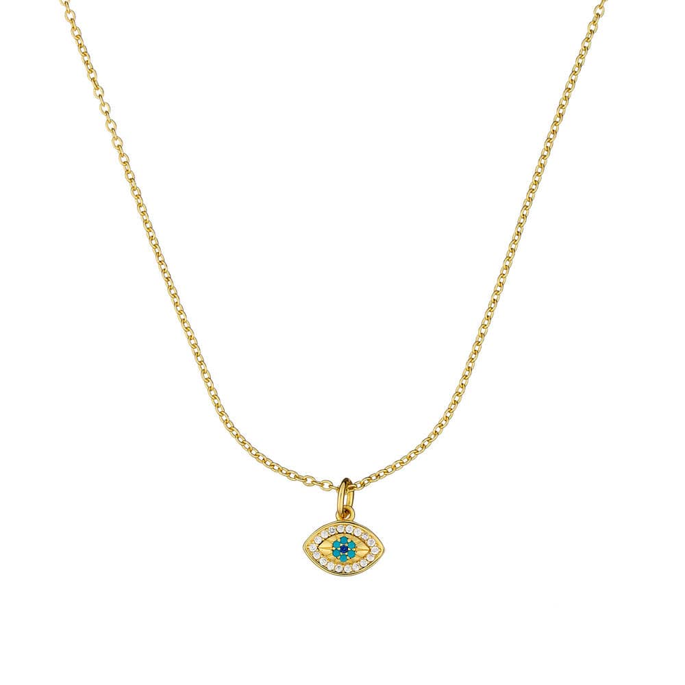 Gold necklace with an eye-shaped pendant on a white background