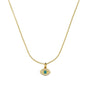 Gold necklace with an eye-shaped pendant on a white background