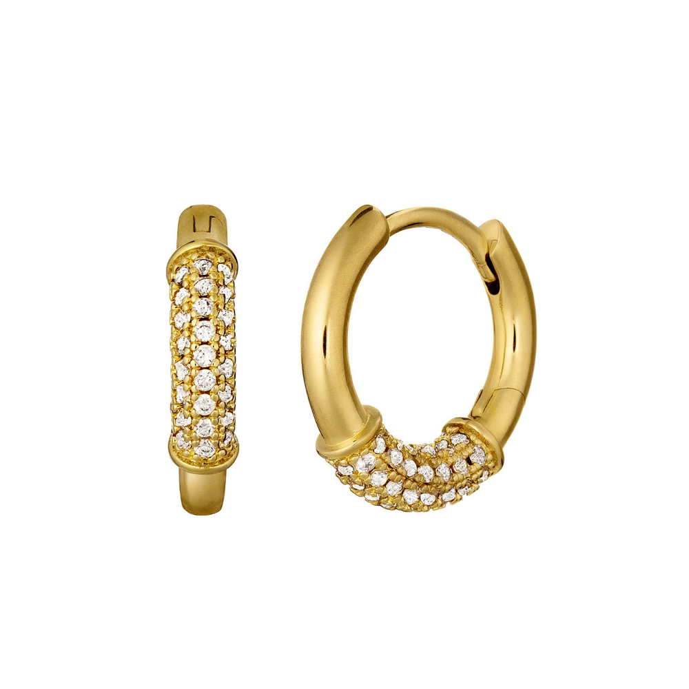 Gold hoop earrings with crystal accents on a white background