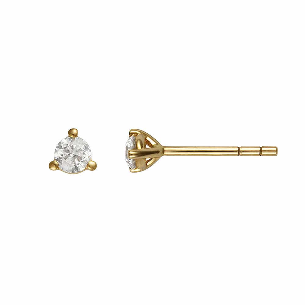 Gold earrings with clear gemstones on a white background