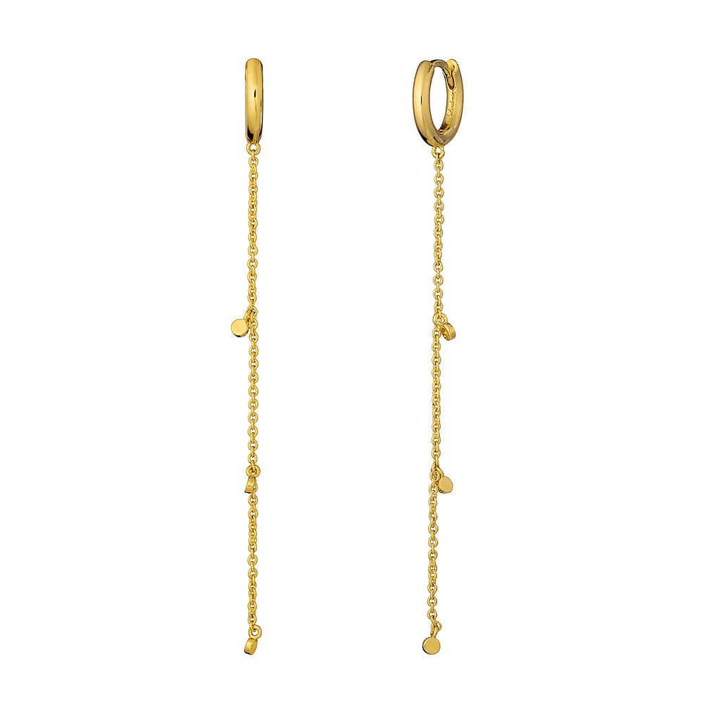 Gold hoop earrings with chain drop on a white background