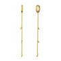 Gold hoop earrings with chain drop on a white background