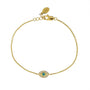 Gold bracelet with an evil eye charm on a white background