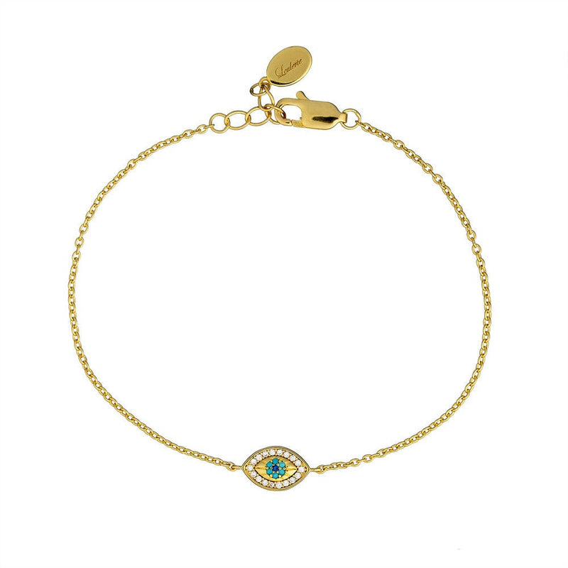 Gold bracelet with an evil eye charm on a white background