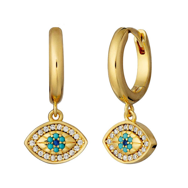 Gold hoop earrings with eye-shaped charms featuring turquoise stones and clear gemstones on a white background.