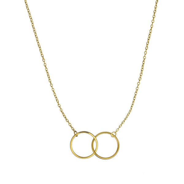 Gold necklace with interlocking rings on a white background