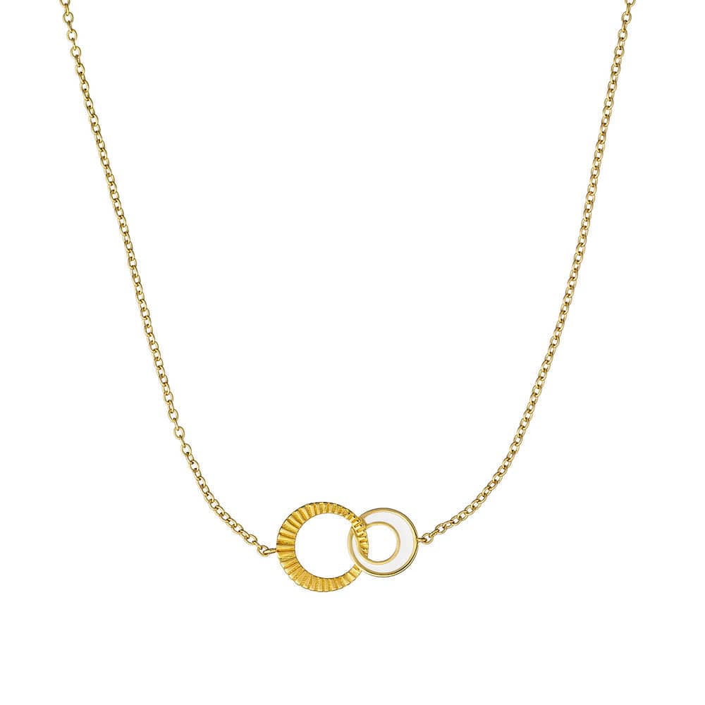 Gold necklace with interlocking rings on a white background