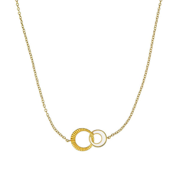 Gold necklace with interlocking rings on a white background