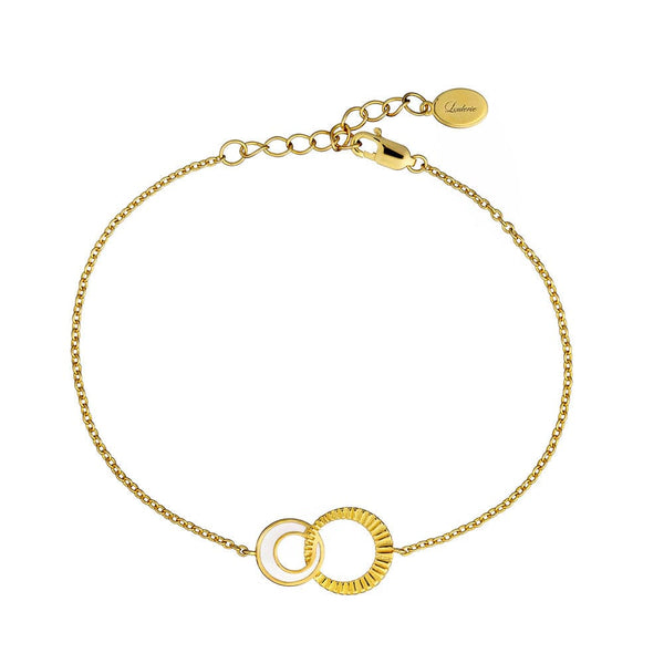 Gold bracelet with interlocking rings on a white background