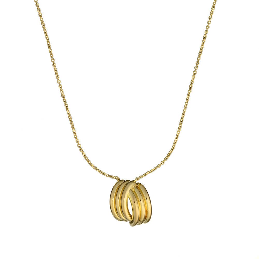Gold necklace with three interlocking rings on a white background