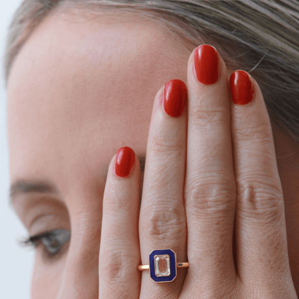 Navy enamel ring with white sapphire