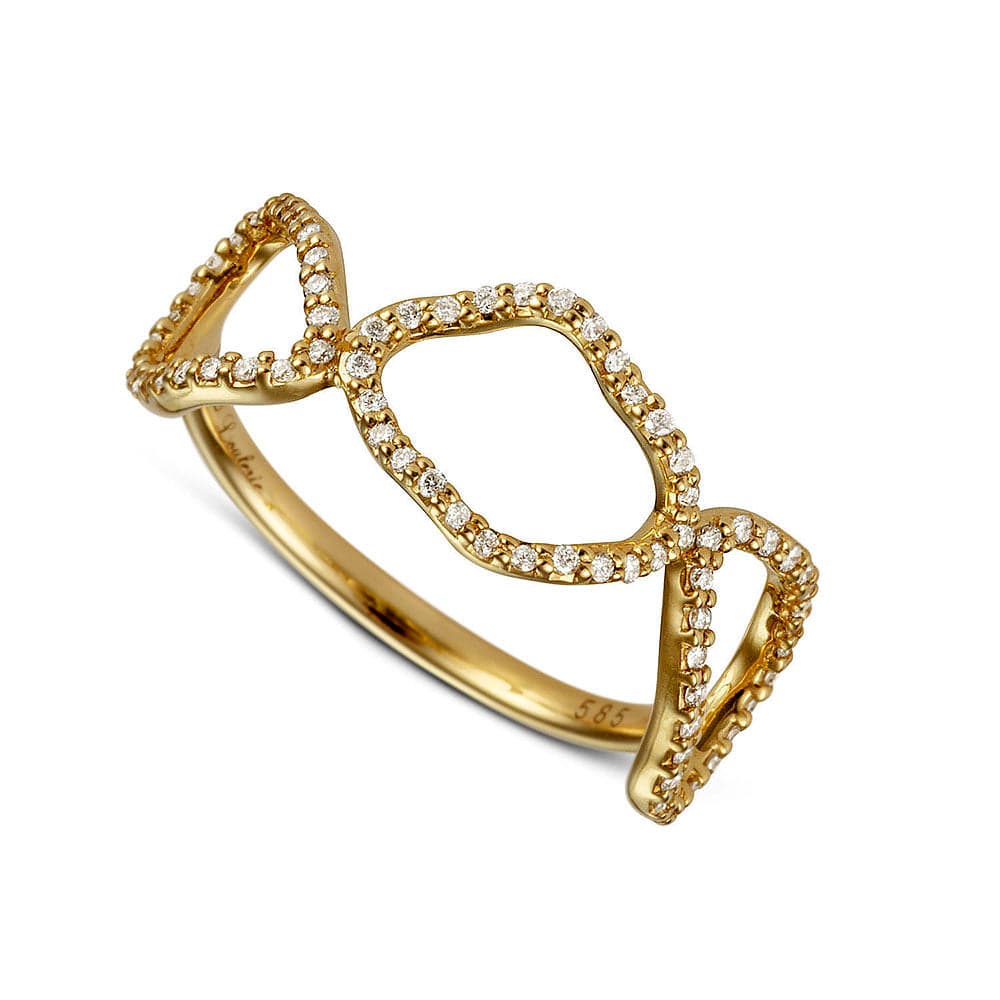 Gold ring with diamond accents on a white background