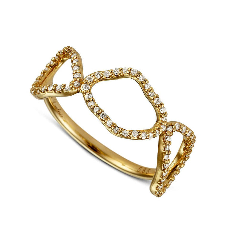 Gold ring with diamond accents on a white background