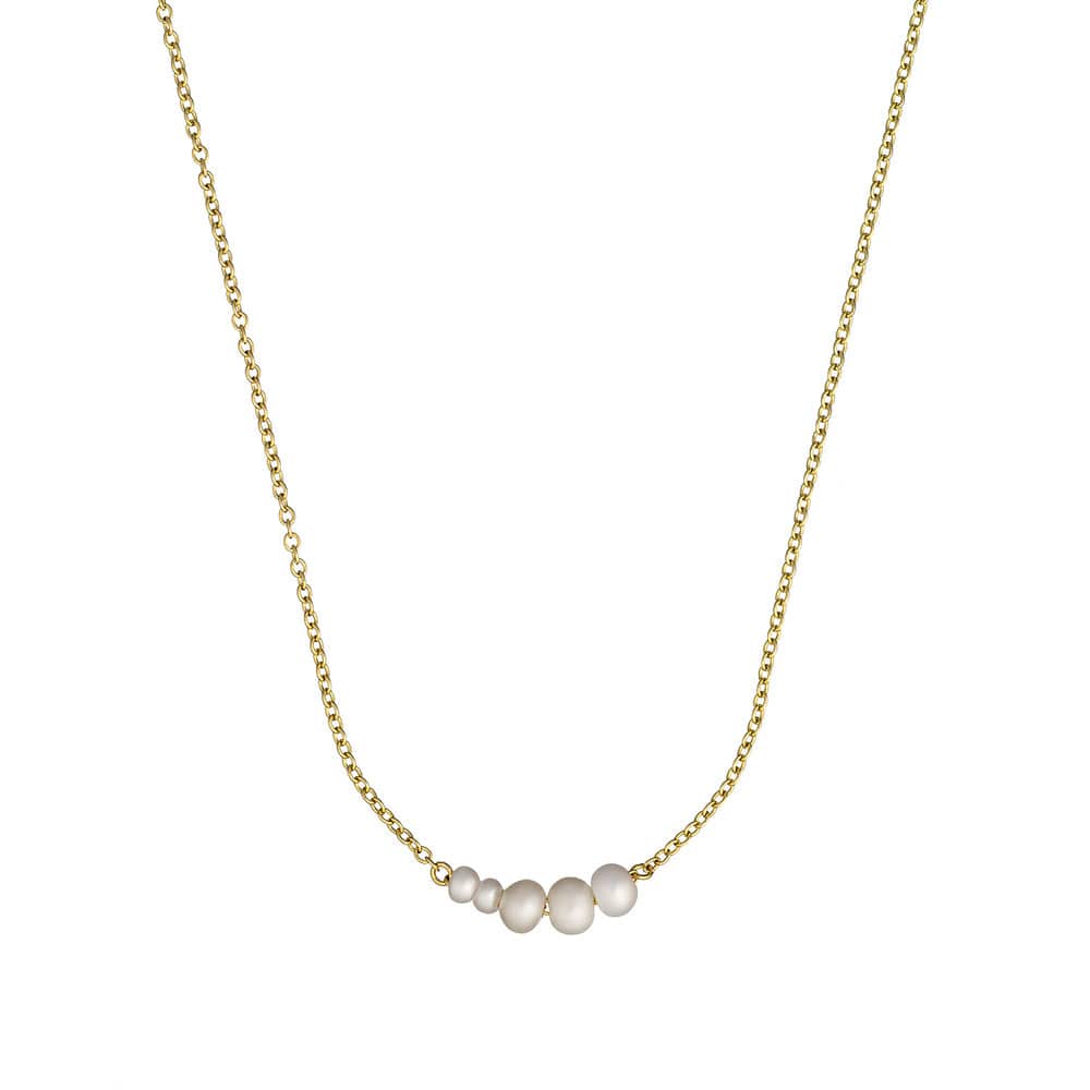 Gold necklace with three pearl beads on a white background