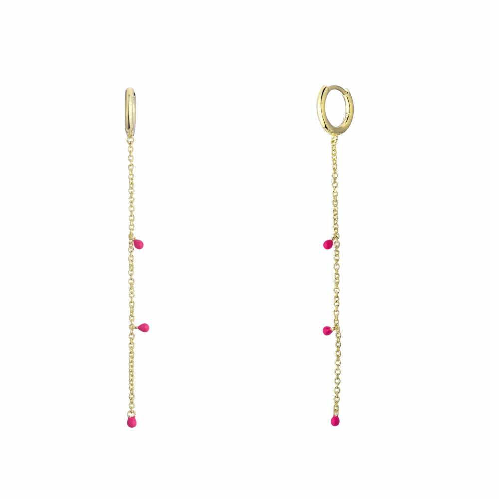 Gold chain earrings with pink beads on a white background