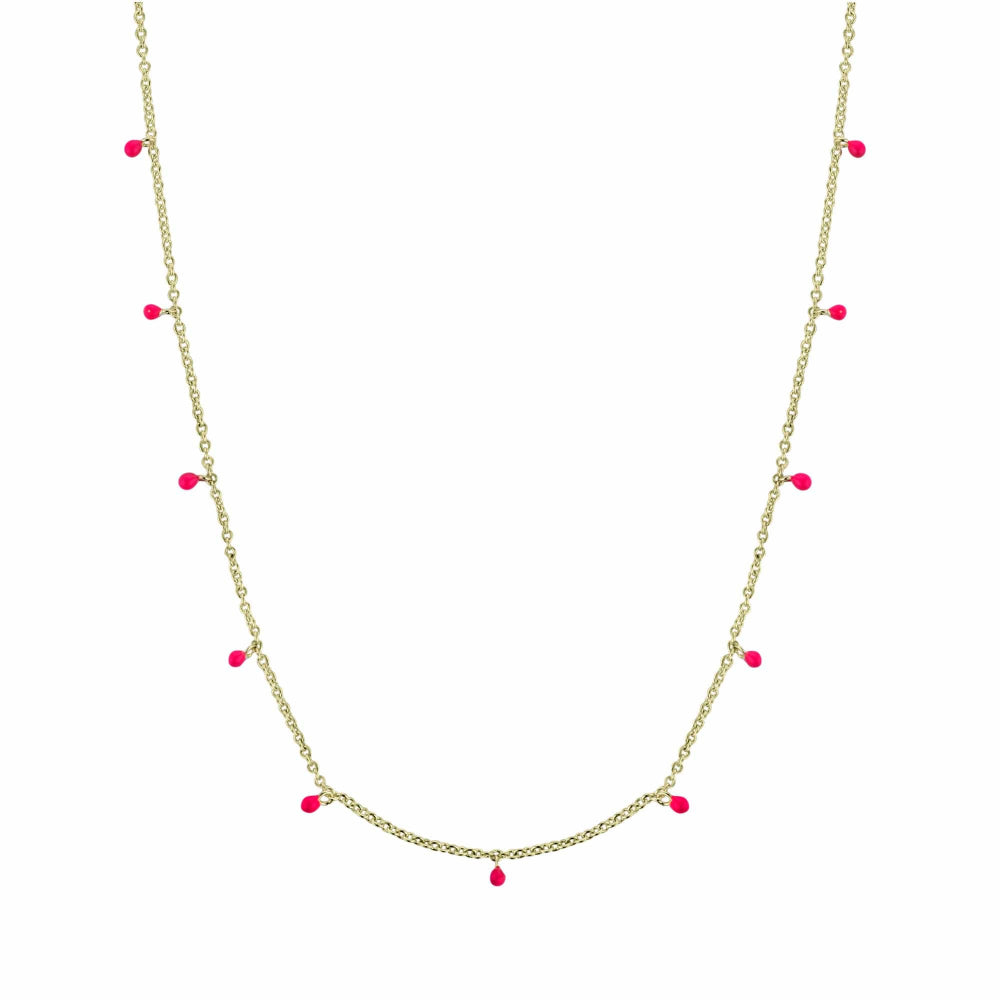 Gold necklace with pink enamel discs on a white background