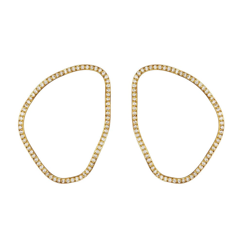 Gold hoop earrings with embedded diamonds on a white background