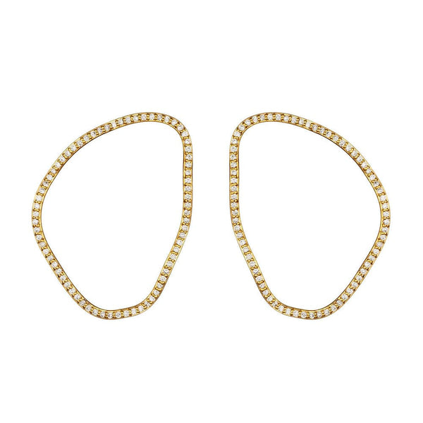 Gold hoop earrings with embedded diamonds on a white background