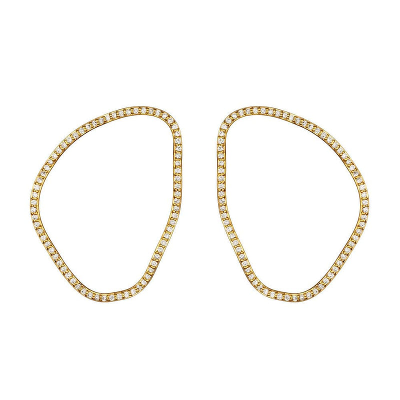 Gold hoop earrings with embedded diamonds on a white background