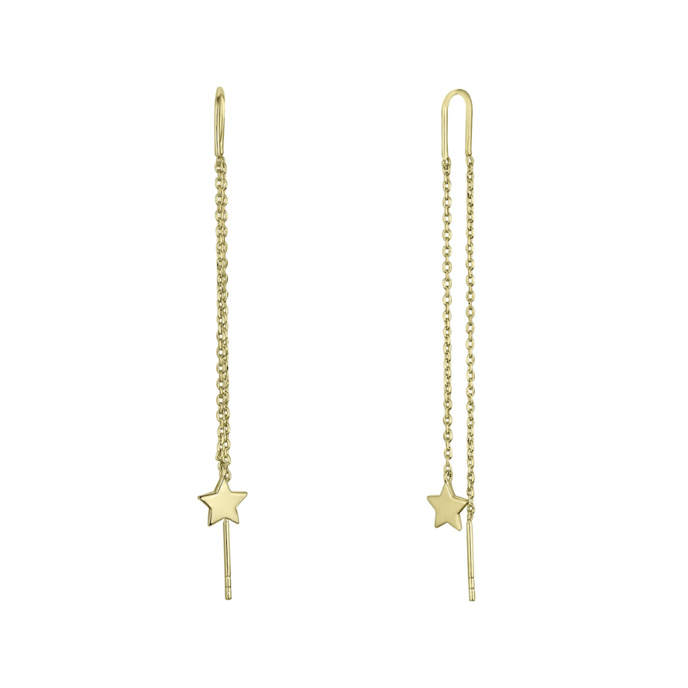 Gold star threader earrings on a white background