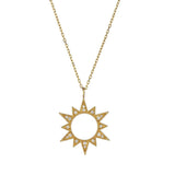 Gold sun-shaped pendant necklace on a white background