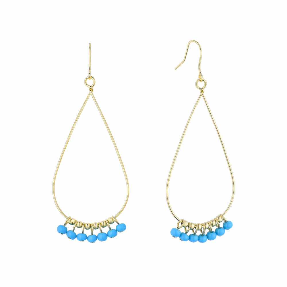 Gold teardrop earrings with blue beads on a white background