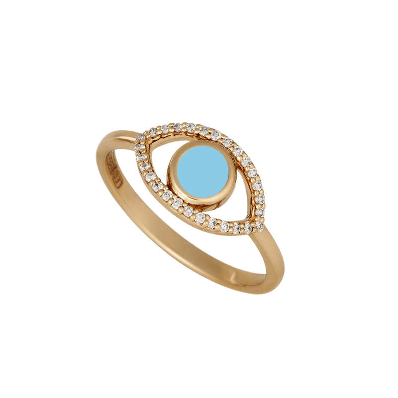 solid gold white diamond turquoise evil eye ring