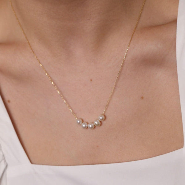 Perle de Lune 5 Pearl Necklace | 18K Gold Plate | Freshwater Pearls | Close Up Model Image