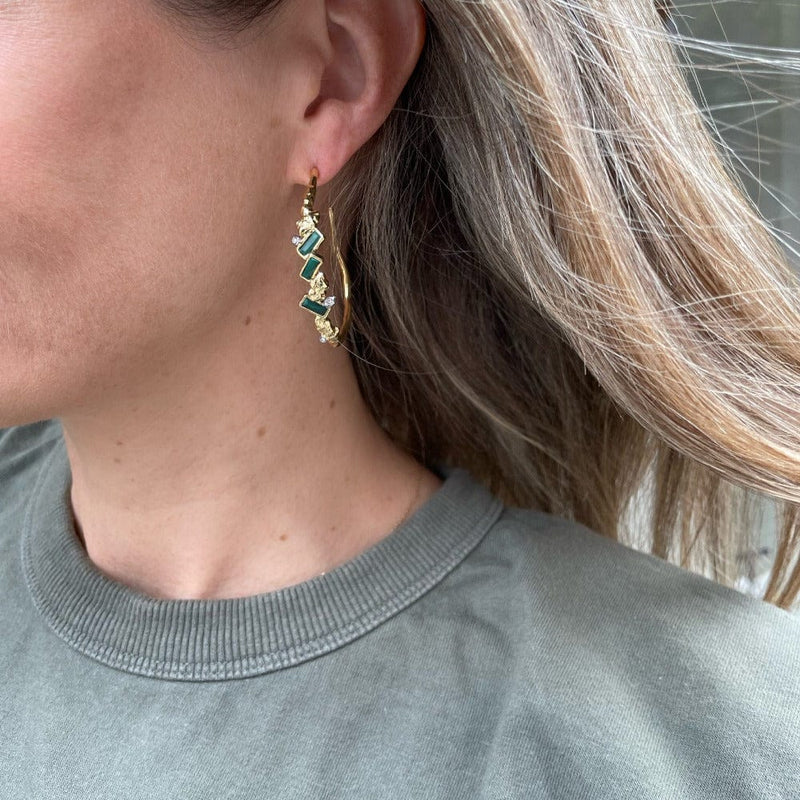 Alexis Bittar Malachite Brut Cluster Hoop Earrings | Close Up Model Image 
