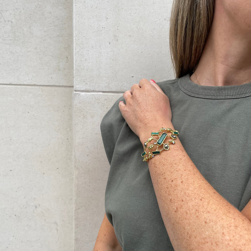 Shop Alexis Bittar Malachite Brut Cluster Cuff Bracelet | Model Image Arm Close To Chest